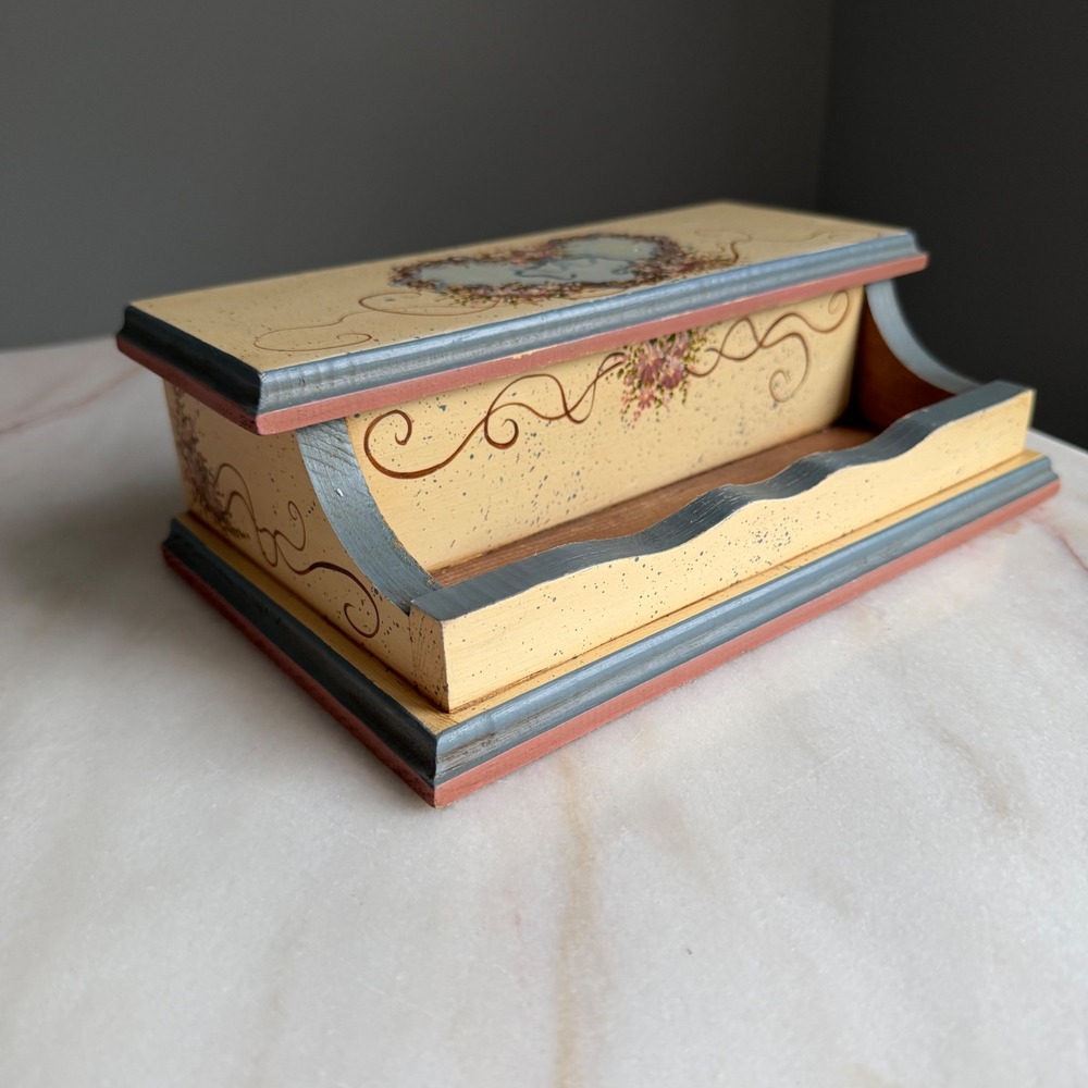 Vintage C Hawkins 1989 Hand Painted Wooden Desk Organizer Stationery Box Floral